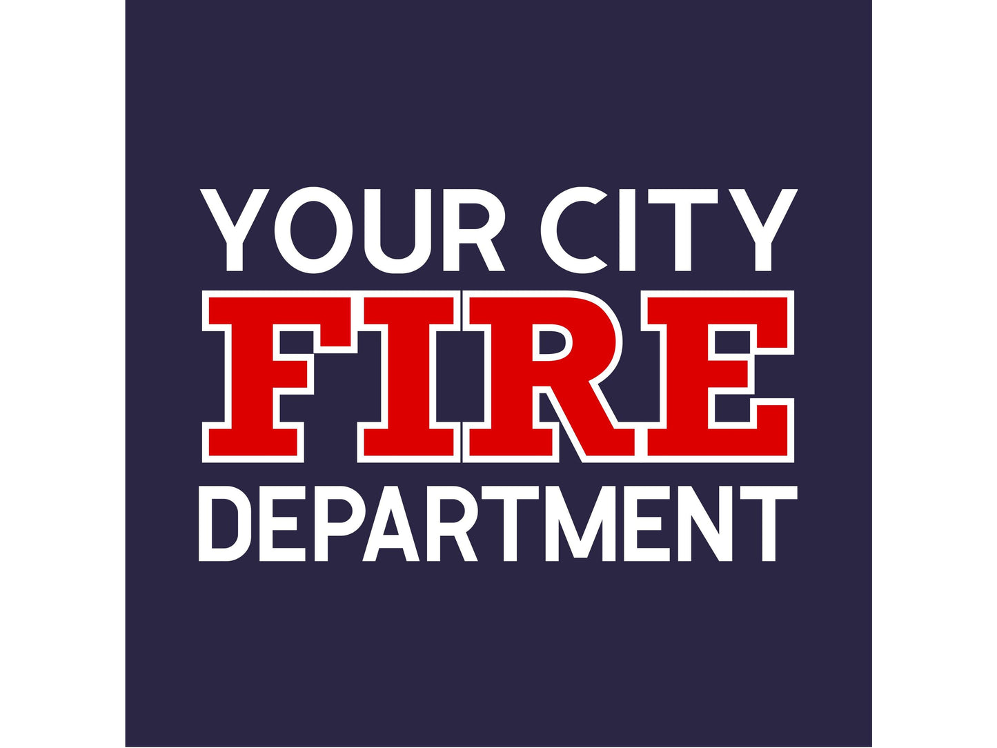Closeup of custom fire department name in white text, "FIRE" in red with a white outline and Department in white on navy blue fabric.