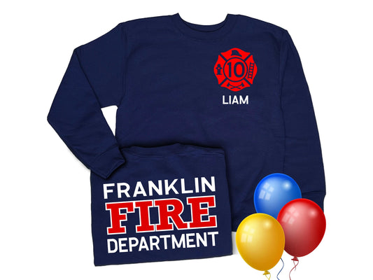 Navy blue crew neck sweatshirt with red Maltese Cross on left chest with the number 10 in the center and the name Liam underneath in white text. The back of the shirt says Franklin Fire Department in red and white text.
