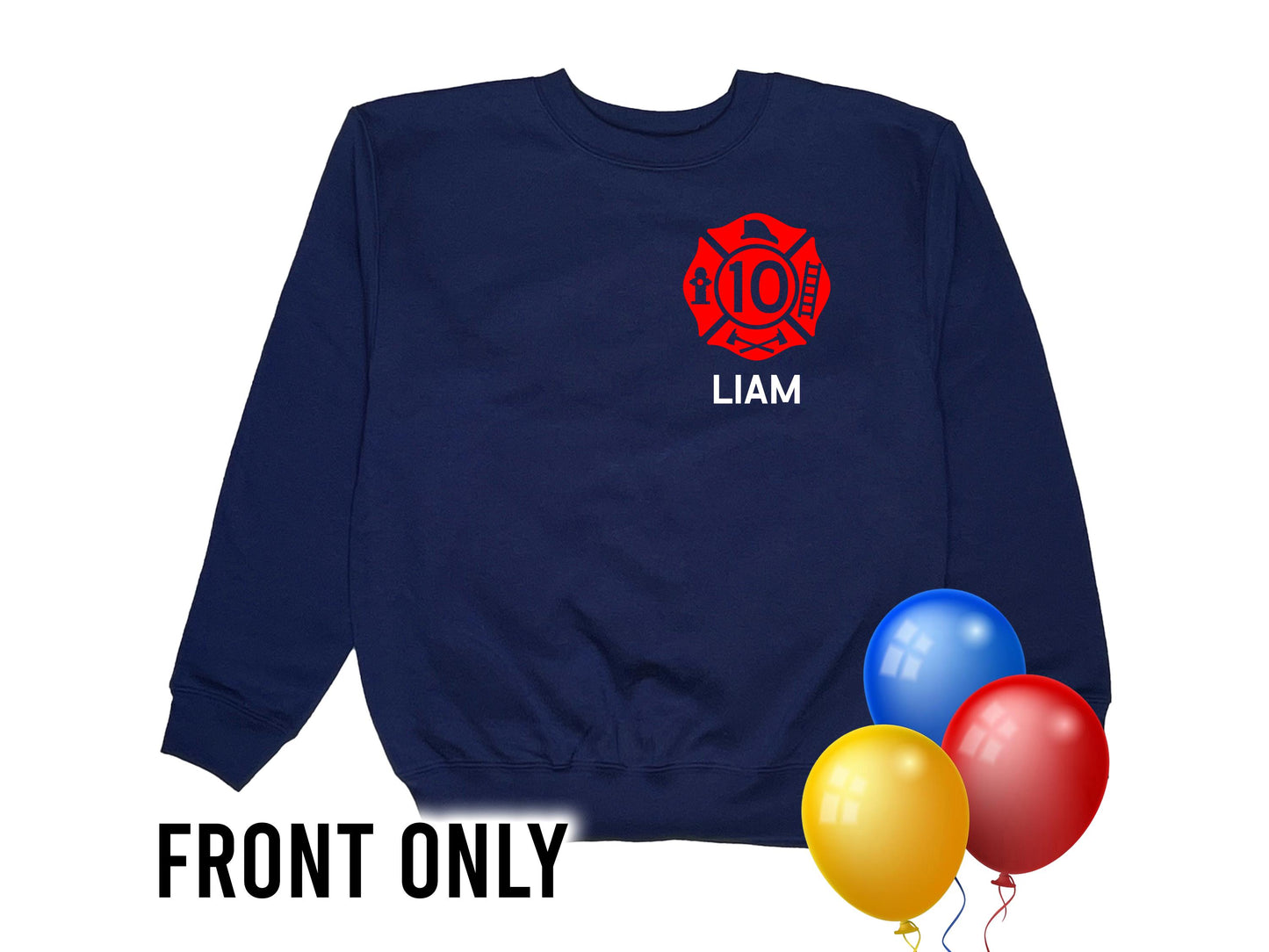 Front view of navy blue crew neck sweatshirt with red Maltese cross on left chest. The number 10 is in the middle of the emblem and the name Liam underneath in white text.