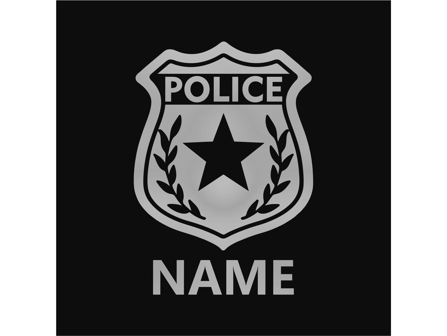 Close up of silver police badge with NAME in silver text underneath on a black  background fabric.