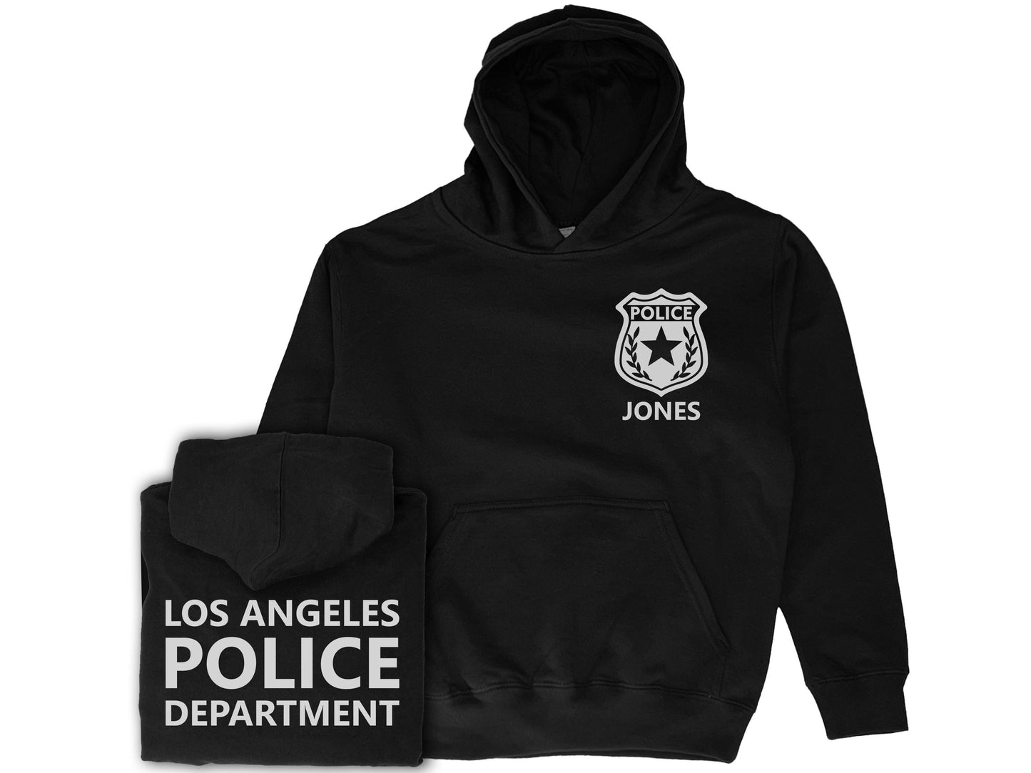 Black youth police hoodie with silver badge on the left chest and the name 'Jones' underneath in silver text.  The back displays 'LOS ANGELES POLICE DEPARTMENT' in silver text.