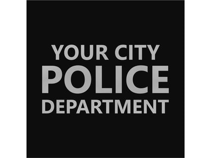 Closeup detail of 'Your City Police Department' in silver text on black background.
