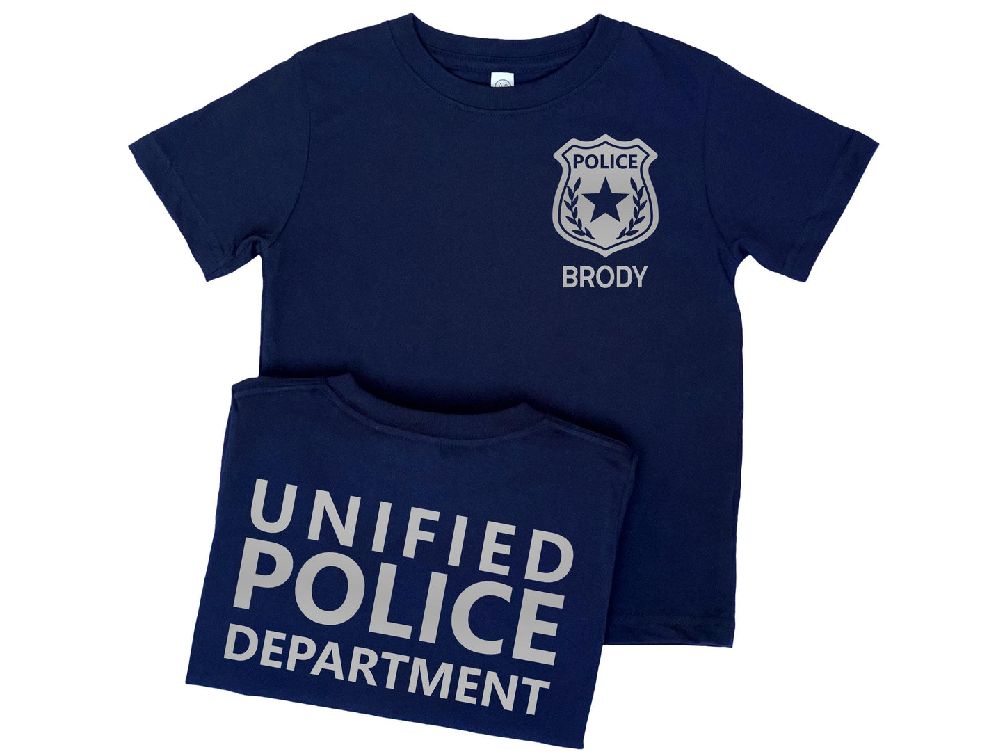 Navy blue kids police t-shirt featuring a silver police badge with personalized name underneath. Back displays custom Police Department name in silver text.