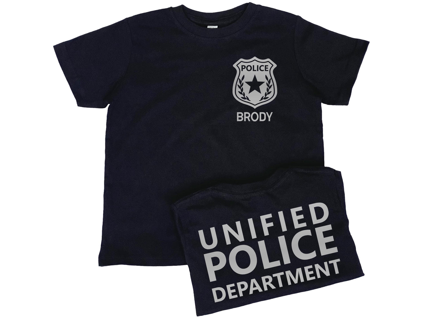 Black short sleeve t-shirt with silver police badge on left chest and the name 'Brody' underneath in silver text. Shirt back has 'Unified Police Department' in silver text.