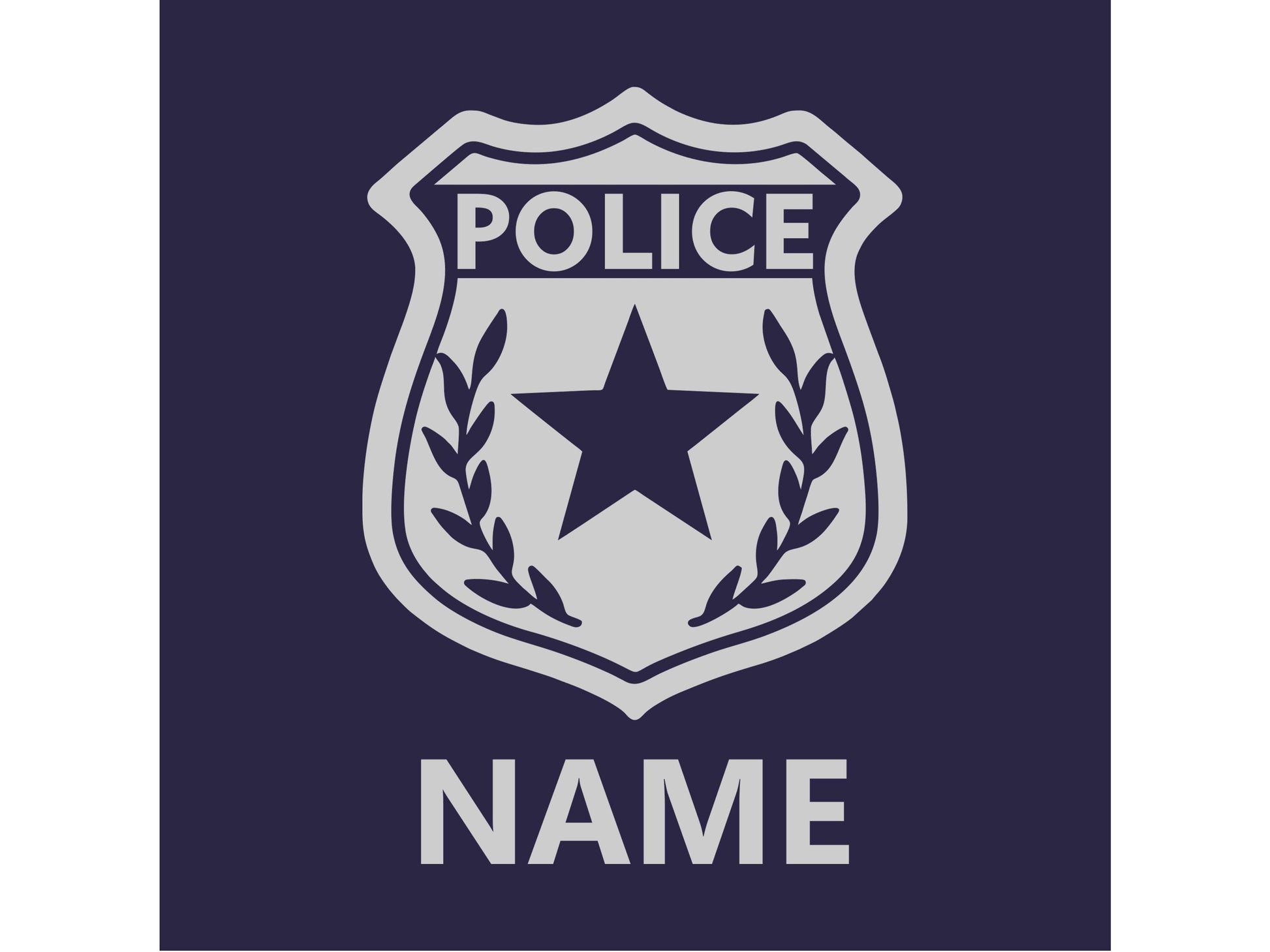 Close up view of silver police badge with star and laurel leaves under the word 'police'. Under the badge is the word 'Name'.