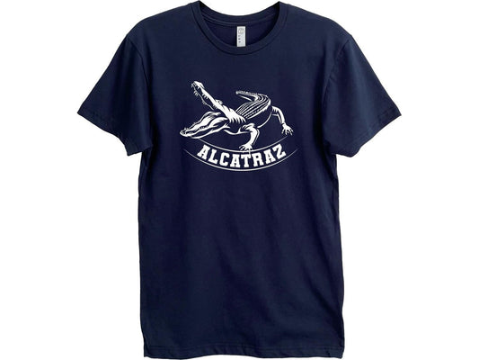 Navy Blue T-shirt with white decoration. Includes a graphic of an alligator over the word Alcatraz.