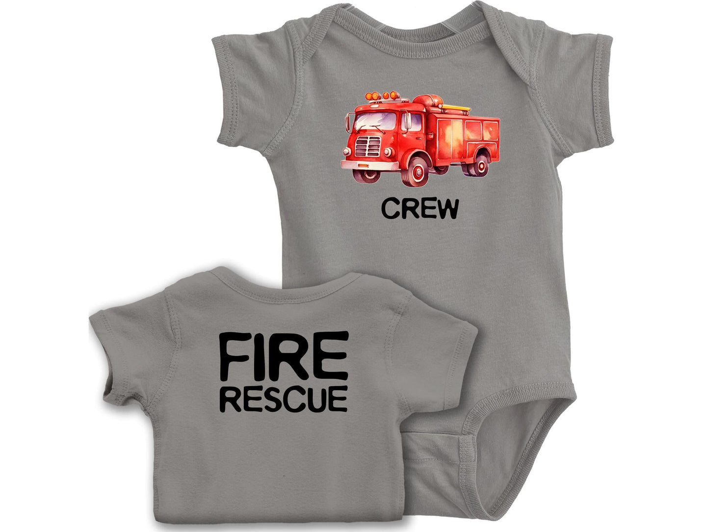 Personalized Fire Truck Baby Bodysuit - Optional Fire Rescue on Back - Gray