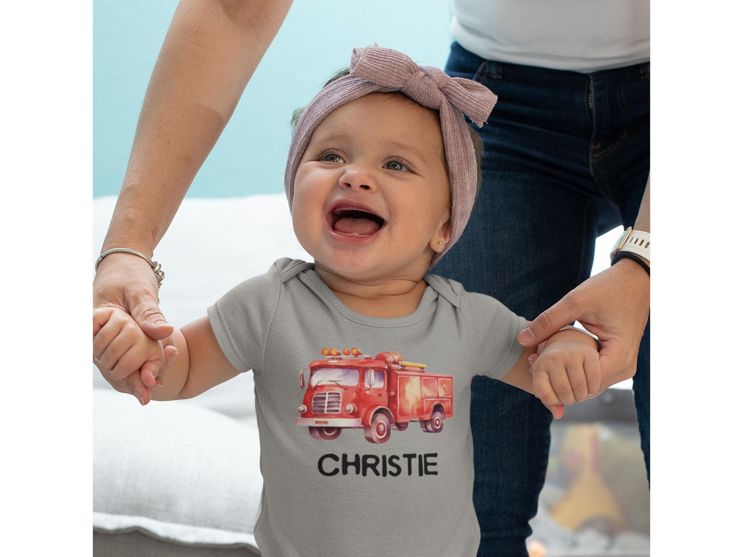 Personalized Fire Truck Baby Bodysuit - Optional Fire Rescue on Back - Gray