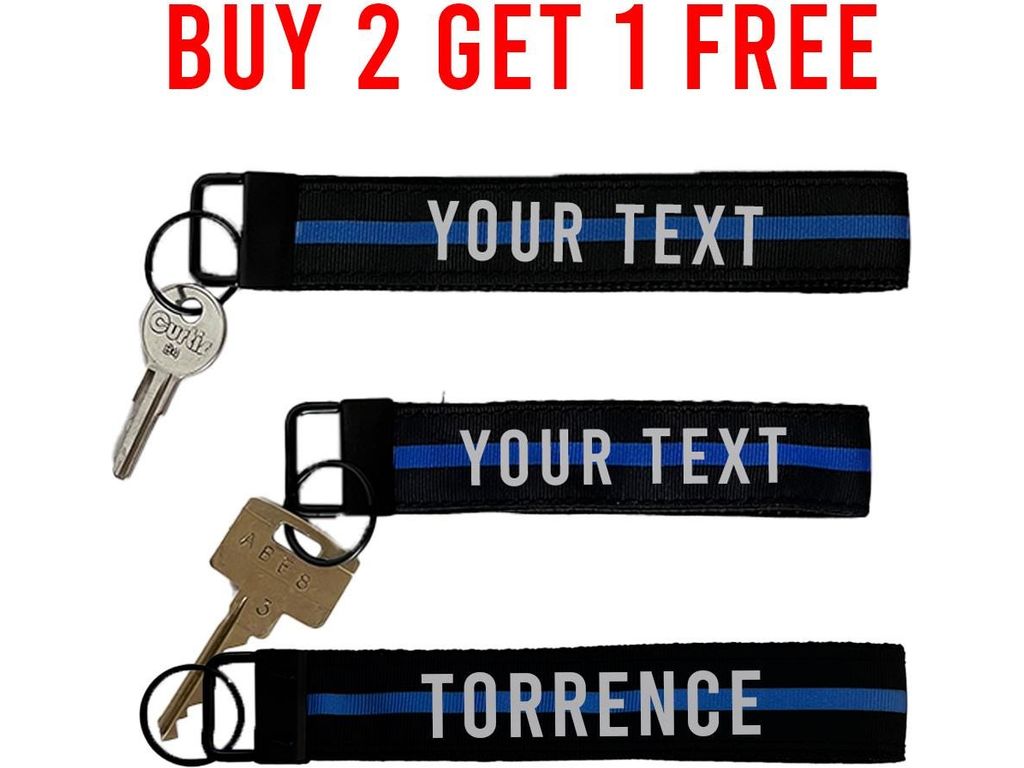 Police Thin Blue Line Wristlet Keychain Key Fob - Personalized with Your Name or Other Text