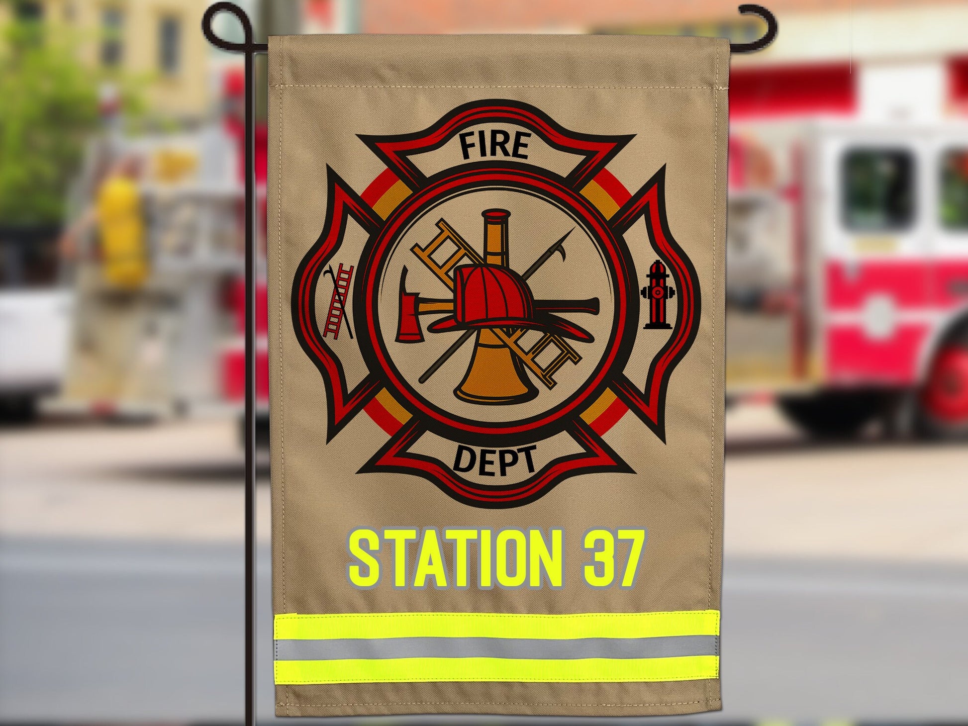 Firefighter Garden Flag with Maltese Cross. Personalized With Your Name or Other Text